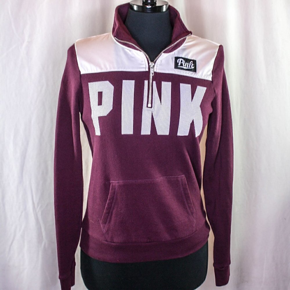 PINK 1/4 Zip Pullover Sweatshirt Pouch Pocket Purple White XS